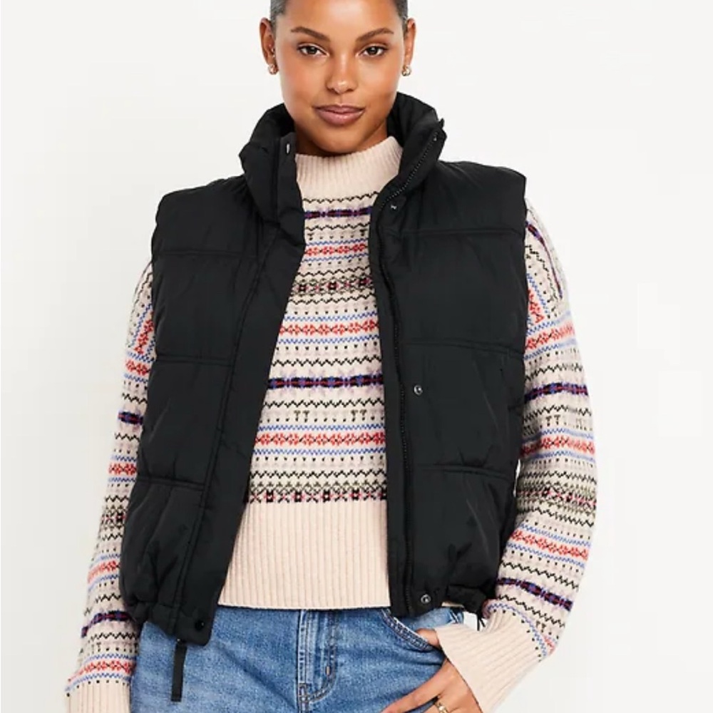 Old Navy Black Puffer Vest with Multicolor Sweater